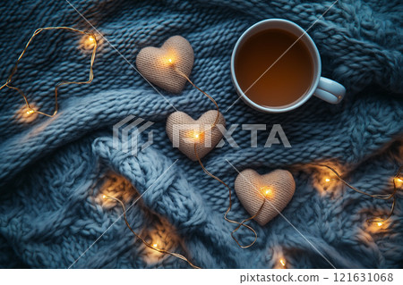 Cozy flat lay featuring a cup of tea and heart decorations on a knitted blanket 121631068