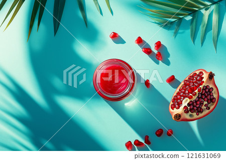 Pomegranate seeds and juice in a colorful tropical setting with palm leaves 121631069