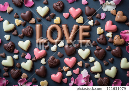 Photorealistic flat lay of assorted chocolates and rose petals celebrating love Photorealistic flat lay of assorted chocolates and rose petals celebrating love 121631079