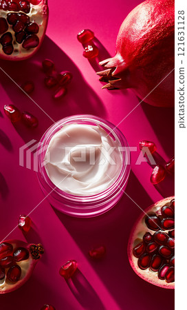 Pomegranate skincare product with vibrant pink background and scattered seeds 121631128