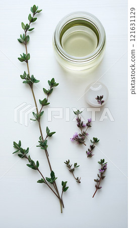 Flat lay of fresh thyme with essential oil and delicate flowers on a neutral background Flat lay of fresh thyme with essential oil and delicate flowers on a neutral background 121631129