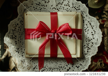 Elegant gift package with red ribbon on lace doily placed on a vintage table Elegant gift package with red ribbon on lace doily placed on a vintage table 121631230