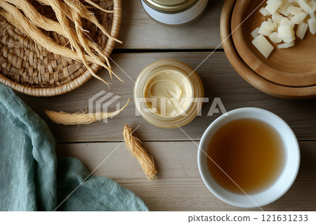 Natural ingredients and herbal products arranged for wellness preparation and self-care 121631233