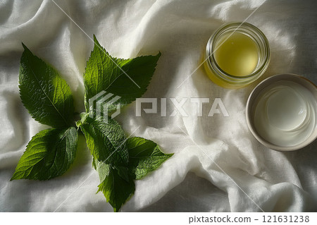 Fresh herbs and natural ingredients arranged on a soft white fabric background 121631238