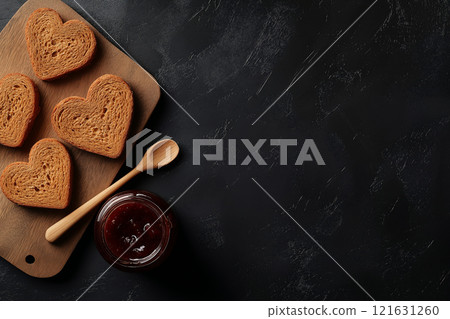 Heart-shaped toast with jar of jam on a wooden board and spoon 121631260