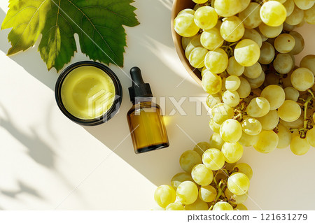 Fresh green grapes and natural skincare products arranged in a stylish flat lay 121631279