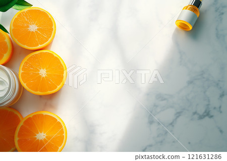 Flat lay view of fresh orange slices with moisturizer on marble surface 121631286