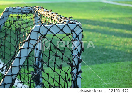 artificial green grass soccer field with training goal net 121631472