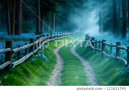 Misty forest path lined with blue flowers and a wooden fence 121631745