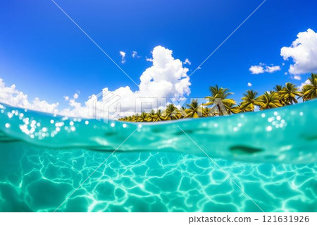Tropical beach with splashing waves and palm trees 121631926