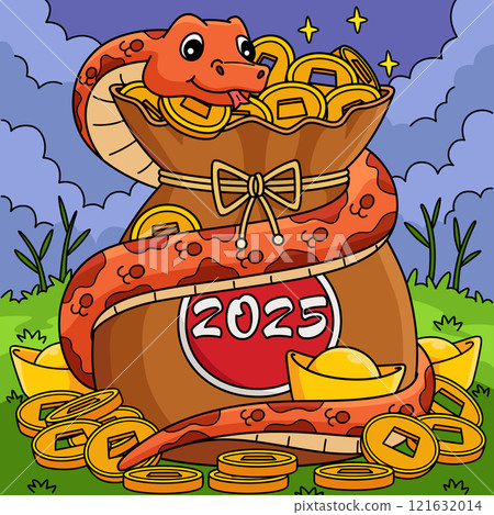 Year of the Snake Coiling with Gold Coins Colored  121632014