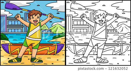 Rowing Oarsman Raising Oar in Victory Illustration Rowing Oarsman Raising Oar in Victory Illustration 121632052