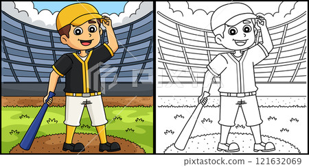 Baseball Player Coloring Page Colored Illustration 121632069