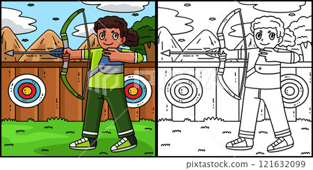 Archery Female Archer Firing Arrow Illustration Archery Female Archer Firing Arrow Illustration 121632099