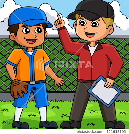 Baseball Player with Coach Colored Cartoon  121632103