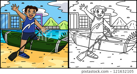Rowing Oarsman Going in Boat Coloring Illustration 121632105