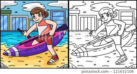 Rowing Oarswoman Getting on a Boat Illustration Rowing Oarswoman Getting on a Boat Illustration 121632106