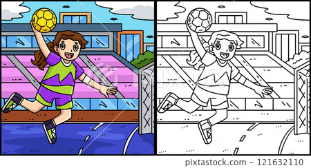 Handball Female Player with Jump Shot Illustration 121632110