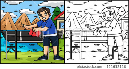 Rowing Oarsman Cleaning Boat Coloring Illustration 121632118