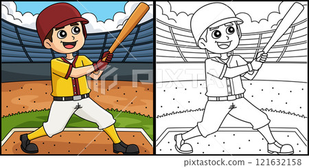 Baseball Batter Coloring Page Colored Illustration 121632158
