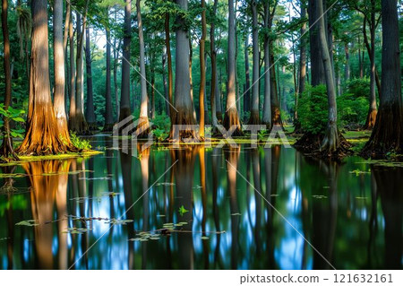 Lush trees and a tranquil marsh reflected in the water 121632161
