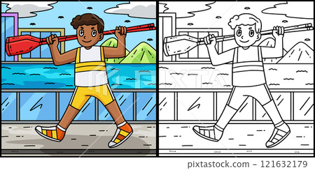Rowing Oarsman Carrying Oars Coloring Illustration 121632179