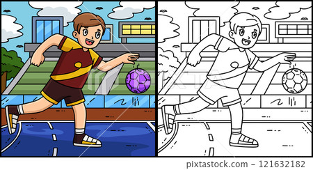 Handball Player Dribbling the Ball Illustration 121632182