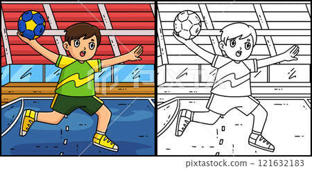 Handball Player doing a Jump Shot Illustration 121632183