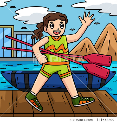 Rowing Oarswoman Carrying Oars Colored Cartoon Rowing Oarswoman Carrying Oars Colored Cartoon 121632209