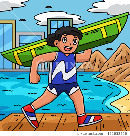 Rowing Oarswoman Carrying Boat Colored Cartoon 121632236