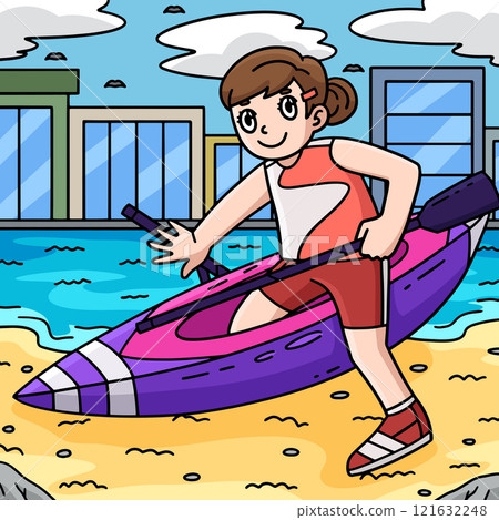 Rowing Oarswoman Getting on Boat Colored Cartoon 121632248