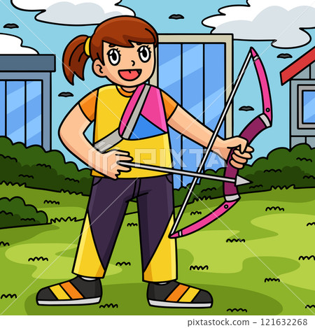 Archery Female Archer Ready to Aim Colored Cartoon 121632268