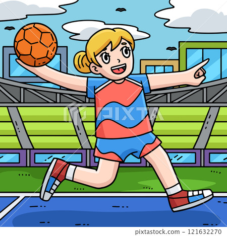 Female Handball Player Ready to Pass Ball Colored Female Handball Player Ready to Pass Ball Colored 121632270