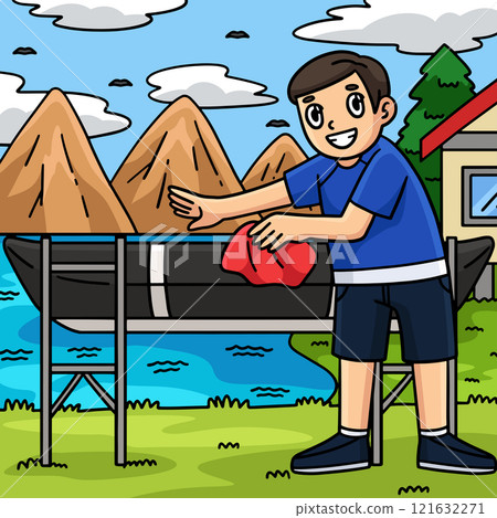 Rowing Oarsman Cleaning Boat Colored Cartoon  121632271