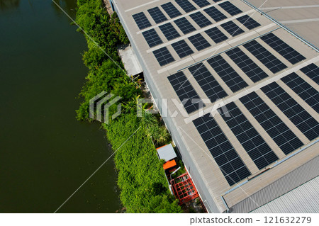 Solar cell photovoltaic panels technology for renewable energy solution on roof. Electrical energy obtained from nature sunlight clean renewable energy. 121632279