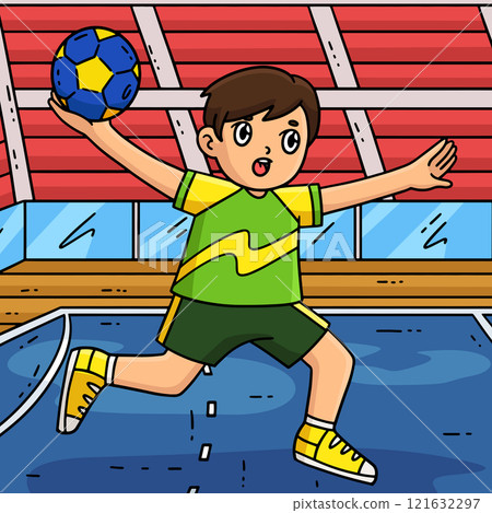 Handball Player doing a Jump Shot Colored Cartoon  121632297