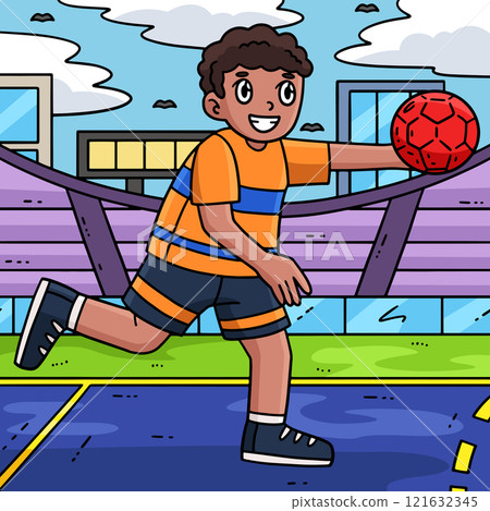 Handball Player Running with Ball Colored Cartoon 121632345