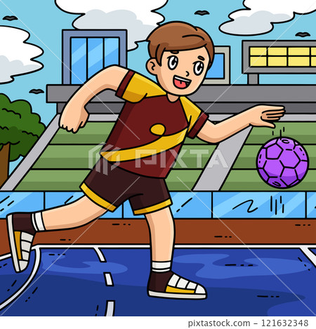 Handball Player Dribbling the Ball Colored Cartoon 121632348