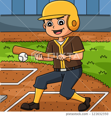 Baseball Player Bunt Colored Cartoon Illustration 121632350