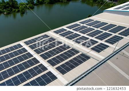 Solar cell photovoltaic panels technology for renewable energy solution on roof. Electrical energy obtained from nature sunlight clean renewable energy. 121632453