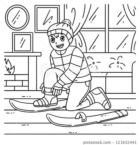 Skiing Boy Wearing a Skiboard Coloring Page  121632491