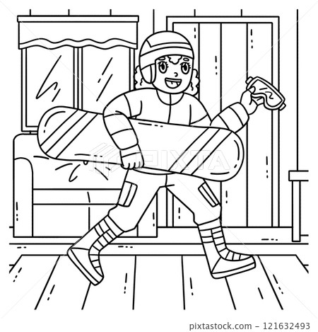 Snowboarding Girl with Equipment Coloring Page 121632493