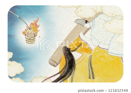 Tale of Genji, Murasaki Shikibu, 27th volume, Bonfire, watercolor illustration 121632549