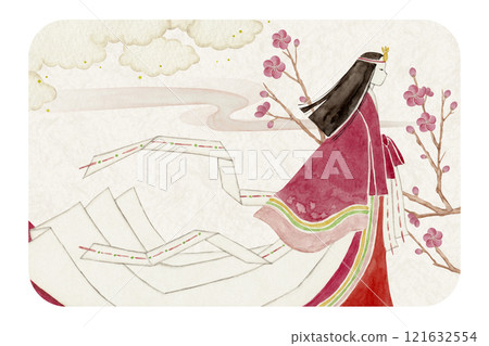 Tale of Genji, Murasaki Shikibu, 32 volumes, plum branch, watercolor illustration 121632554