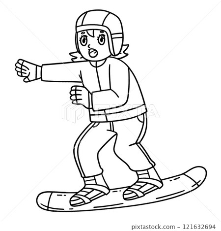 Snowboarding Girl Balancing Isolated Coloring Page 121632694