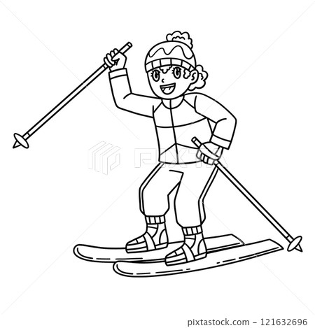 Skiing Girl Raising a Ski Pole Isolated Coloring  121632696