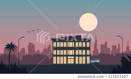 Hotel Apartment Building Landscape with Cityscape and Sun in Twilight 121633107