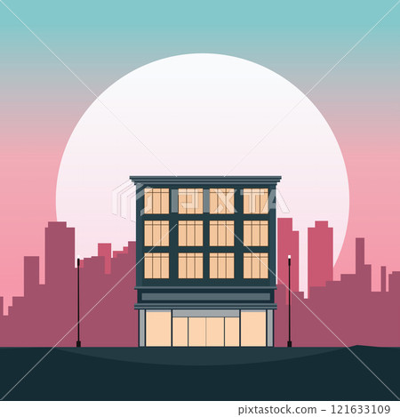 Hotel Apartment Building Landscape with Cityscape and Sun in Twilight Hotel Apartment Building Landscape with Cityscape and Sun in Twilight 121633109