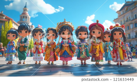A multicultural exchange space with people wearing colorful traditional costumes 121633449