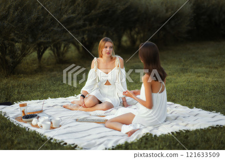 Two friends enjoying a picnic on a sunny afternoon in a serene park Two friends enjoying a picnic on a sunny afternoon in a serene park 121633509